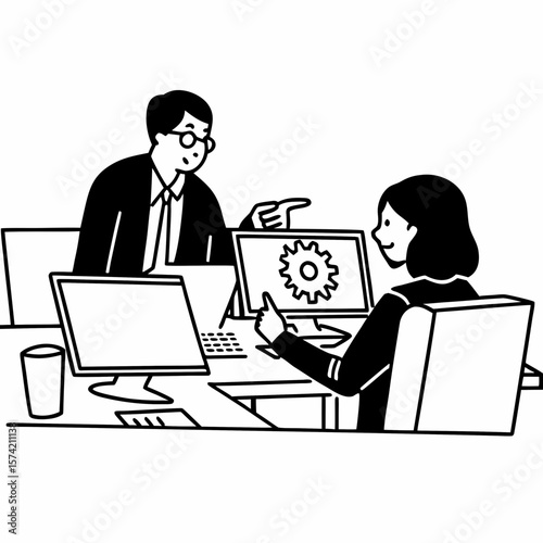 Two busy professional business people working in office with computer. Middle aged female executive manager talking to male colleague having conversation showing software online solution on laptop.