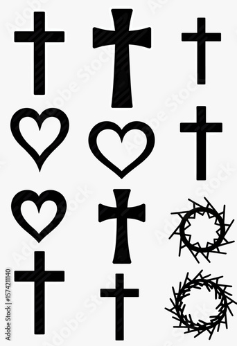  Religious Symbol Assortment: Featuring Christian Crosses, Hearts, and Crown of Thorns Wreaths in Black Silhouette for Spiritual Art, Faith-Based Graphics, and Memorial Designs