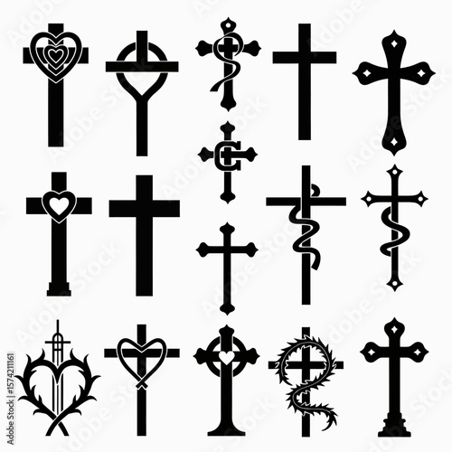 Premium Christian Cross Variations: Showcasing Elegant Designs with Celtic Knots, Hearts, Serpent Motifs, and Crown of Thorns for Spiritual Gifts, Religious Jewelry, and Faith-Based Apparel Collection