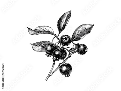 Vintage bilberry fruit engraving, hand-drawn black ink illustration, retro botanical sketch, healthy food artwork, old style fruit decor print, trendy natural wellness design