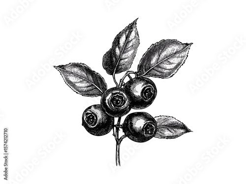 Vintage engraving of bilberry fruit, retro botanical sketch, hand-drawn black ink illustration, old-style healthy food art, trendy fruit decor print, natural wellness design
