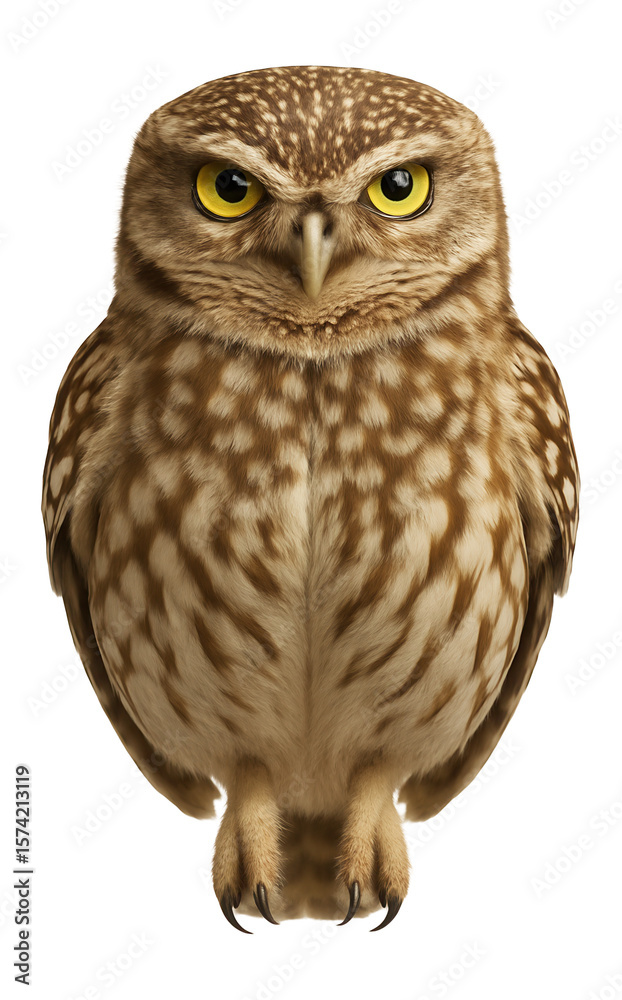 Fototapeta premium Little owl with speckled brown feathers and a flat-topped head
