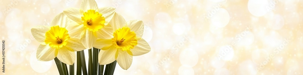 Fototapeta premium Vibrant yellow daffodils blooming in sunlight, symbolizing spring with fresh petals and greenery