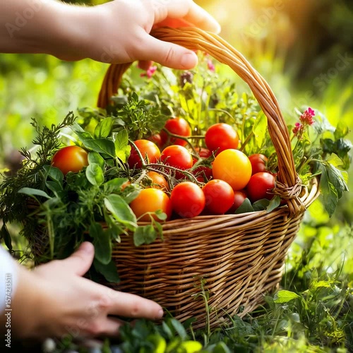 A hand carefully picks up a basket of fresh vegetables, including ripe tomatoes and greens, symbolizing the concept of healthy eating and gardening.

