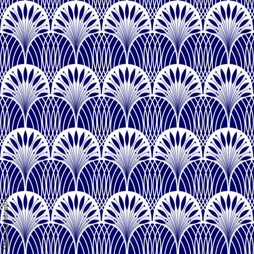 Art Deco blue and white seamless pattern. Geometric decorative texture with arches and floral elements. Vector vintage background.