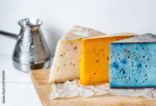 Pieces of fresh, aged, natural farm cheese on parchment paper on a wooden board. Unusual taste and quality of farm-fresh agricultural products.