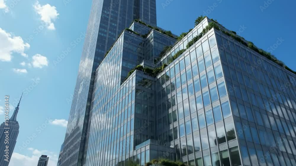 Modern architecture features tiered glass buildings adorned with greenery against a blue sky