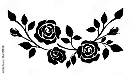 Set of decorative rose flower silhouettes with leaves. Elegant floral vector illustrations perfect for romantic, botanical, and ornamental design themes. Isolated on transparent background.
