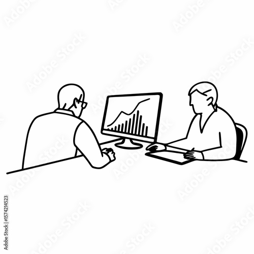 Two diverse crypto traders brokers stock exchange market investors discussing trading charts research reports growth using pc computer looking at screen analyzing invest strategy, financial risks.