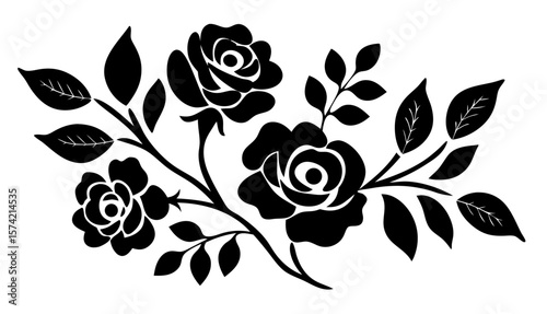 Set of decorative rose flower silhouettes with leaves. Elegant floral vector illustrations perfect for romantic, botanical, and ornamental design themes. Isolated on transparent background.