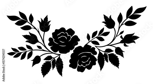 Set of decorative rose flower silhouettes with leaves. Elegant floral vector illustrations perfect for romantic, botanical, and ornamental design themes. Isolated on transparent background.