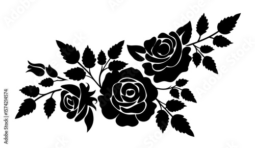 Set of decorative rose flower silhouettes with leaves. Elegant floral vector illustrations perfect for romantic, botanical, and ornamental design themes. Isolated on transparent background.