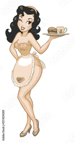 Vintage Hand-Drawn Waitress Serving Food with Playful Charm and Style