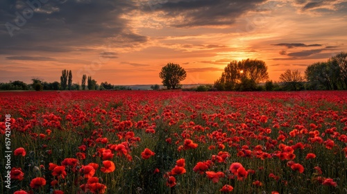 Fototapeta Naklejka Na Ścianę i Meble -  Beautiful poppy field at sunset, red flowers in the foreground, trees on the horizon