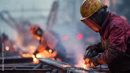  Sparks Fly as Skilled Workers Grind Metal Rails