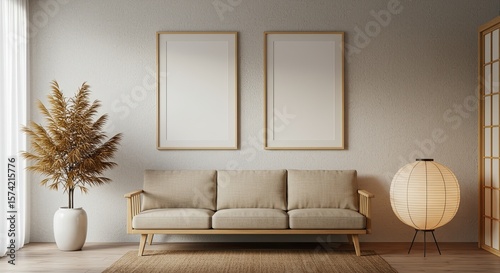  Minimalist Office Waiting Area with Low Slung Sofa and Twin Frame Mockup