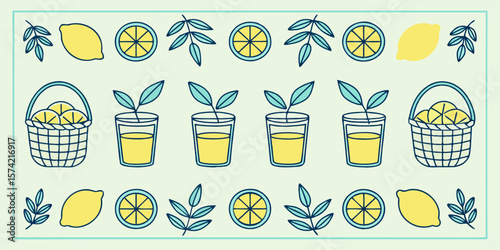 Yellow lemons blue leaves and drinks fruit beverage