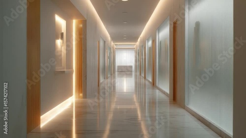 Wallpaper Mural Ethereal Corridor: A visually captivating perspective of a luminous interior hallway. Smooth, clean lines guide the eye down a long, illuminated space, radiating an air of modern minimalism. Torontodigital.ca