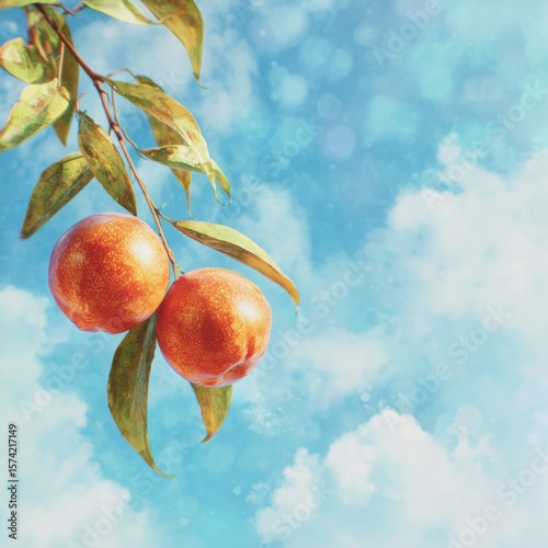 Two fresh peaches hanging on a branch against a light blue sky with white clouds serene summer day