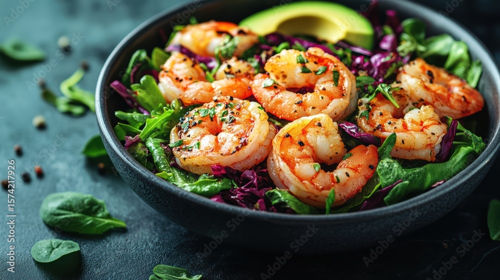 Delicious Shrimp Salad with Avocado and Fresh Greens in Dark Bowl Appetizing Culinary Delight Delicious Shrimp Salad with Avocado and Fresh Greens in Dark Bowl Appetizing Culinary Delight
