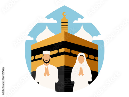 Muslim couple praying before the kaaba in mecca with islamic crescent moon and minaret