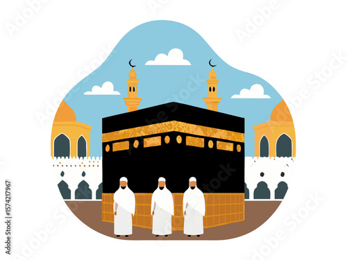 Stylized illustration of the kaaba in mecca with pilgrims wearing ihram clothing and mosque minarets under a blue sky with clouds