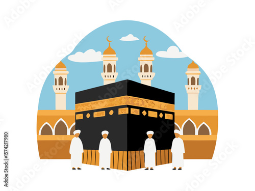 Stylized illustration of the kaaba in mecca with pilgrims and minarets against a blue sky with clouds