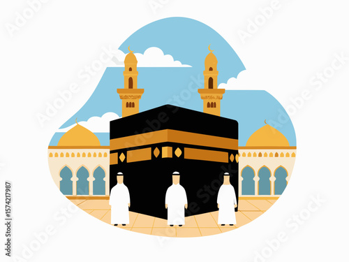 Illustration of the kaaba in mecca with pilgrims dressed in ihram clothing and surrounding mosque architecture under a blue sky with clouds