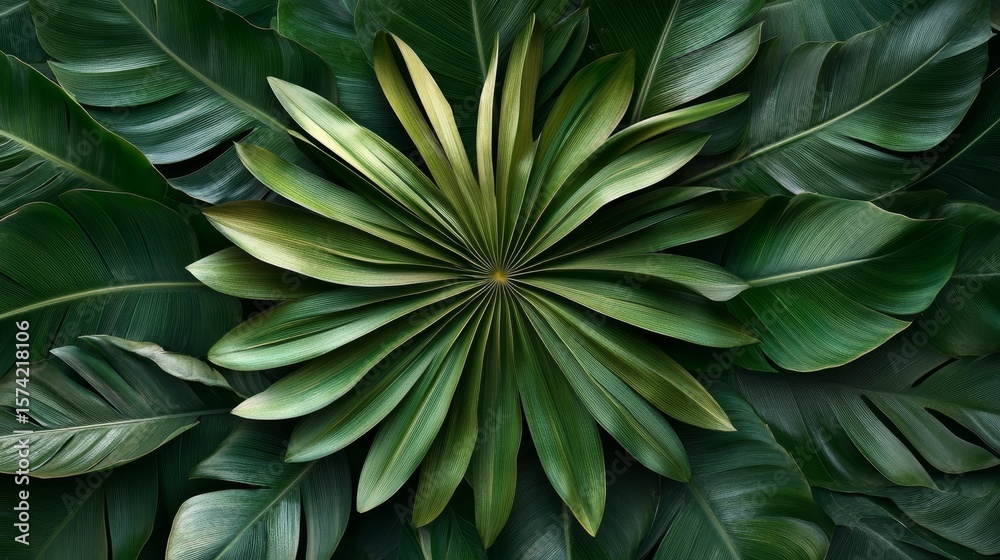 Fototapeta premium Exquisite Circular Palm and Tropical Leaves in a Vibrant Floral Tapestry Pattern for Background Use
