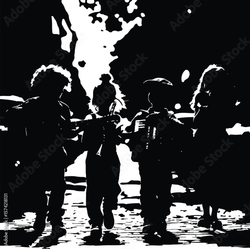 Black-and-White Vector Illustration of Children with Accordions – 1-Scene Musical Walk Silhouette