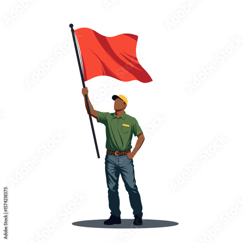 Young man holding red flag while standing confidently outdoors  