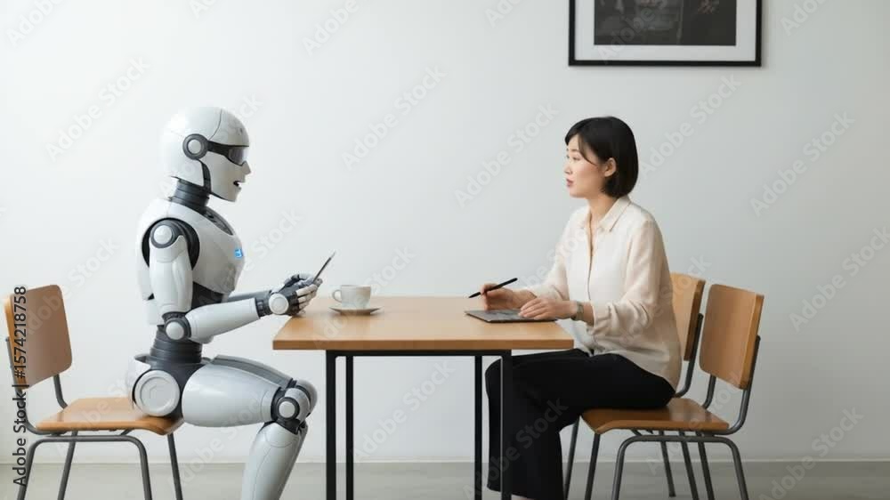 Robot meeting with person in meeting room Robot meeting with person in meeting room