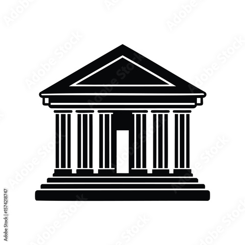 Black and white illustration of a classical building with pediment and columns