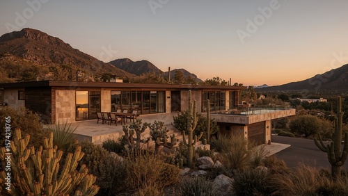 Mid-century modern gem, flat roofs, warm wood accents, floor-to-ceiling windows, desert landscape, golden hour, cacti garden, architectural digest style.
