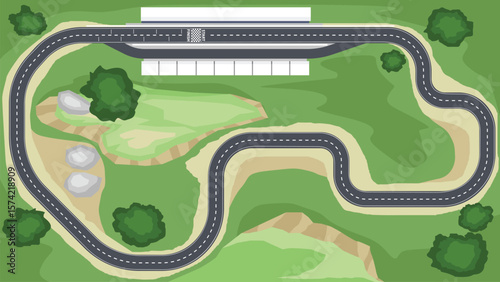 Black winding track is clearly divided by white dotted lines. Surrounded by green areas. Track has many types of curves including sharp bends wide bends and short straights. for motorsport Background.