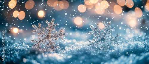 Close-up of two snowflakes on snowy background with bokeh lights. Useful for winter holiday cards, advertising and backgrounds for sites dedicated to winter themes.