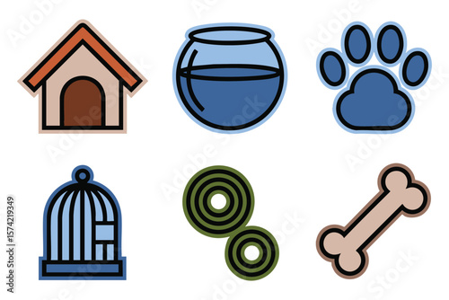 Pet Icons: Dog House, Fish Bowl, Paw Print, Birdcage, Toys, Bone