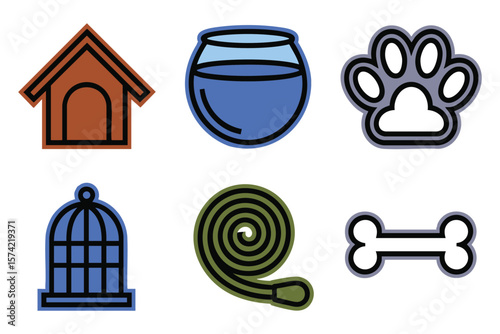 Pet Supplies Icons: Dog House, Fish Bowl, Paw Print, Birdcage, Leash, Bone