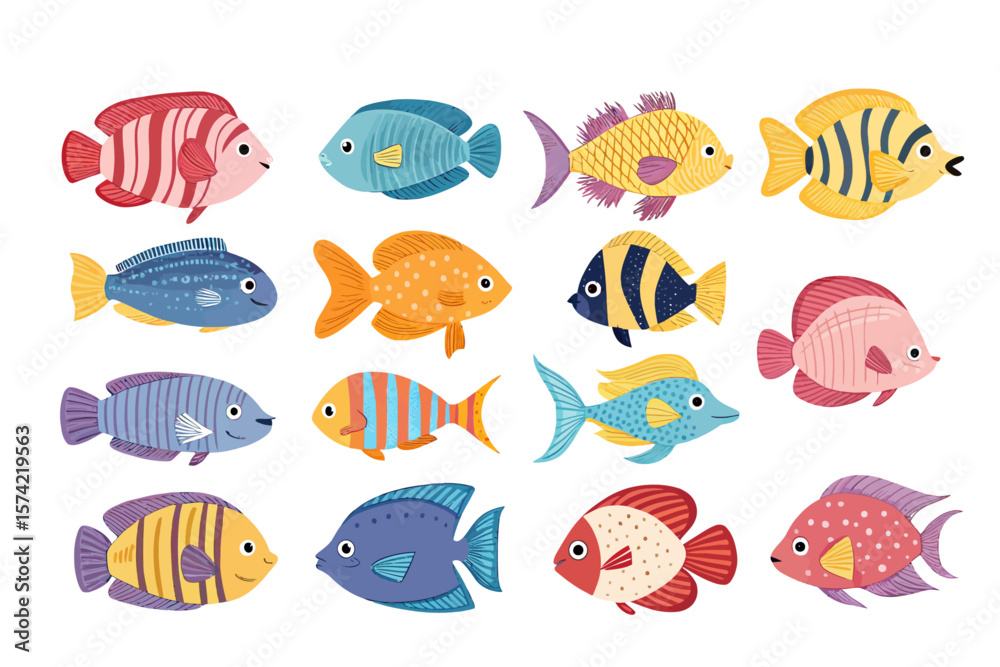Fototapeta premium Collection of cute and colorful fish illustrations on white background 