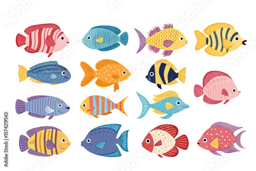 Collection of cute and colorful  fish illustrations on white background
