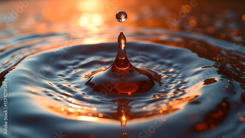 Capturing the serene beauty of water: A golden droplet frozen in time reflecting the sunset creating ripples