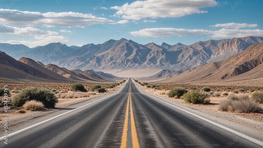Fototapeta premium A landscape photo of a long straight highway with a double yellow line in the middle leading to a range of mountains in a desert under a clear blue sky. Travel adventure road trip illustration.