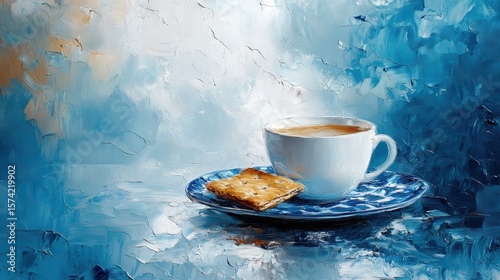 Serene artistic oil painting of a white tea cup with a biscuit on a saucer against a blue backdrop