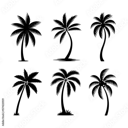 Collection of six black silhouette palm trees with varied shapes and styles

