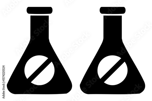 Solid Black Icon of a Flask with a Line Through It Representing Non-Toxic Packaging, Minimal Vector Symbol for Chemical-Free, Safe, and Natural Product Labels on White Background
