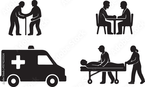 Healthcare Silhouette Icon Set – Elder Care, Consultation, Emergency Vehicle & Patient Transport