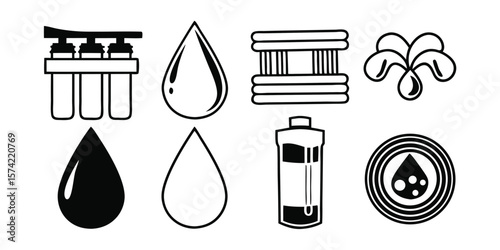 Comprehensive Water Treatment Icon Set Featuring Diverse Water Purification and Filtration Methods for Environmental and Industrial Applications on transparent background