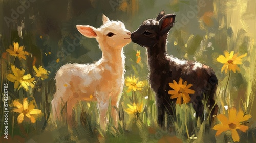 Two Fawns in a Meadow of Yellow Wildflowers Capturing a Tender Moment in Impressionistic Style