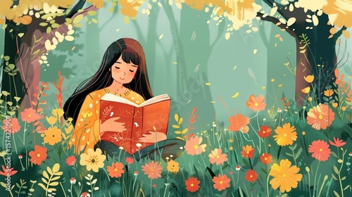 Young woman reading a book in the park with flowers
