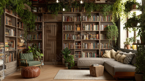 Home library interior with book-filled shelving units, a ladder, and green plants enhancing the space